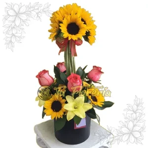 Caja Redonda con Girasoles y Rosas C27